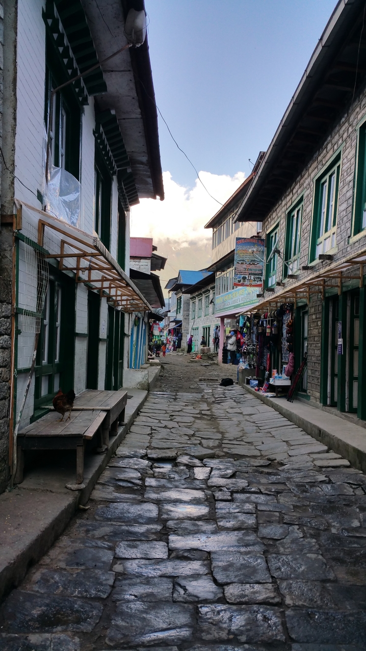 Nachdem sich der erste Schwung an Everest-Base-Camp Touristen durch den Ort gewälzt hat, wird es wieder ruhiger. Das ist der Vorteil, wenn man es nicht eilig hat. Vom Erdbeben sieht man hier nicht mehr so viel, obwohl die "Lukla Lodge" am Ortsende nicht mehr existiert.
